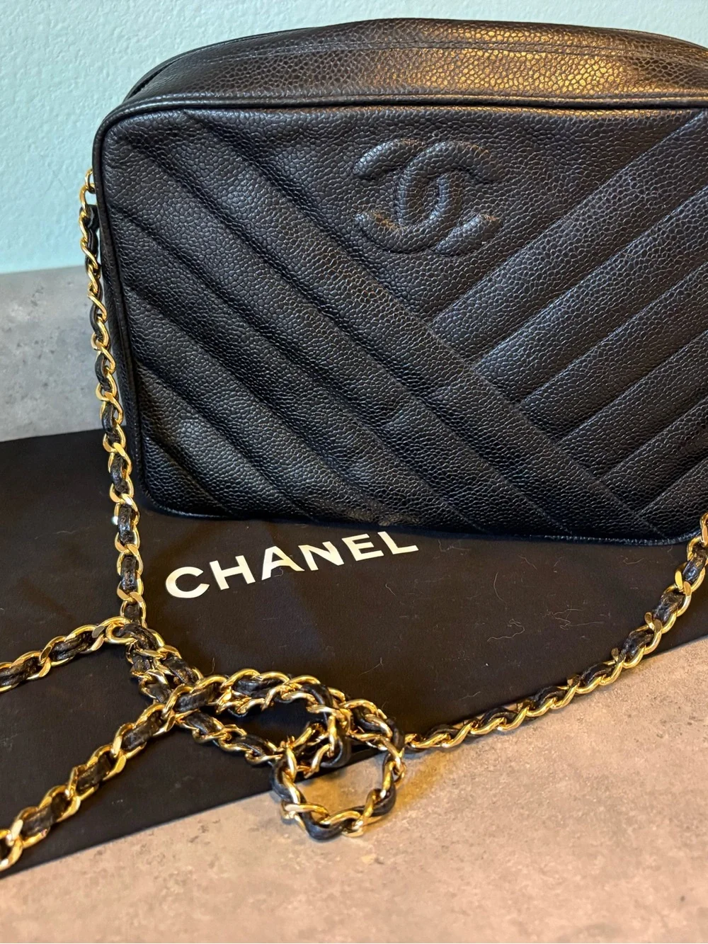 Vintage Chanel Black Quilted Caviar Leather Camera Bag with Gold Chain
